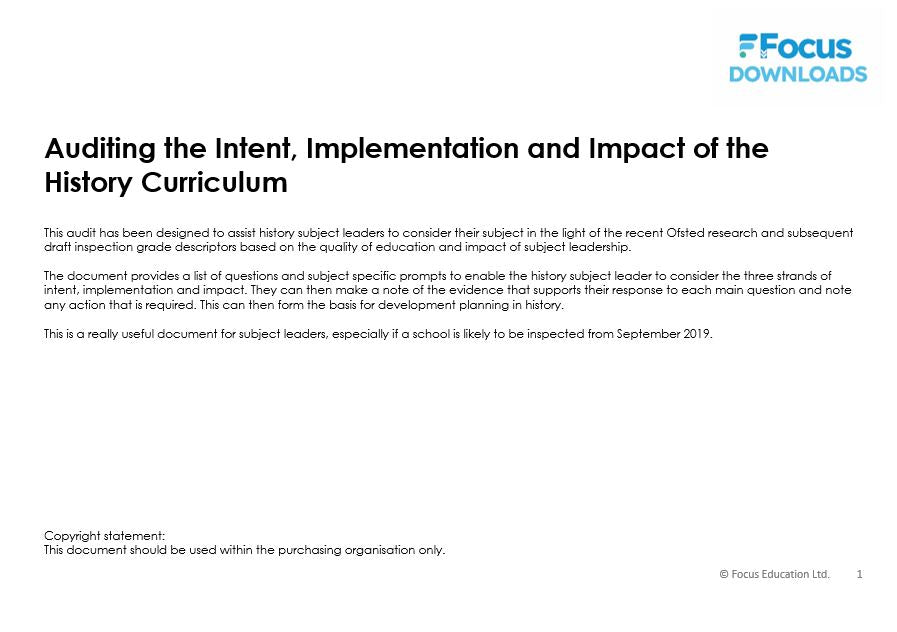 Auditing the Intent, Implementation and Impact of each National Curriculum Subject (Download)