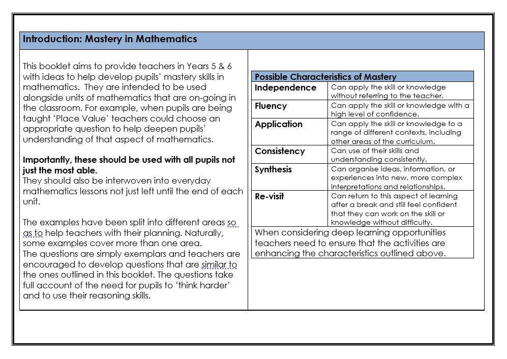 A Focus on Mathematical Reasoning to Promote Deep and Mastery Learning Years 5-6