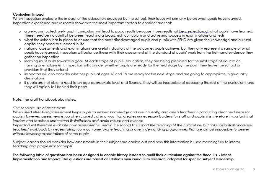 Auditing the Intent, Implementation and Impact of each National Curriculum Subject (Download)