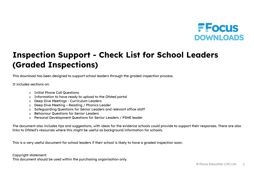 Inspection Support - Checklist for School Leaders (Graded Inspections) (Download)