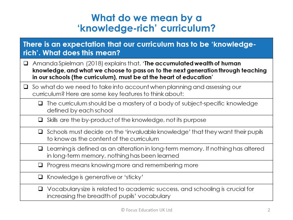 How to Assess a Knowledge-Rich Curriculum - Focusing on 'sticky knowledge' in science, history & geography & enhanced by art, DT, music, PE & computing