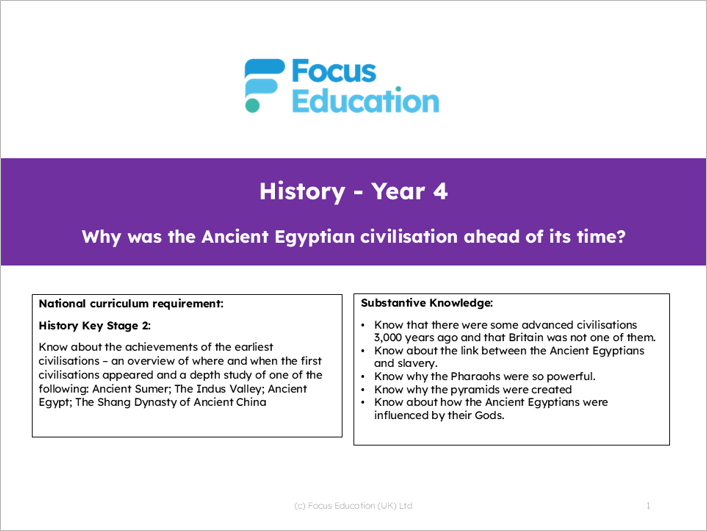 History Y3: Why was the Ancient Egyptian civilisation ahead of its time?