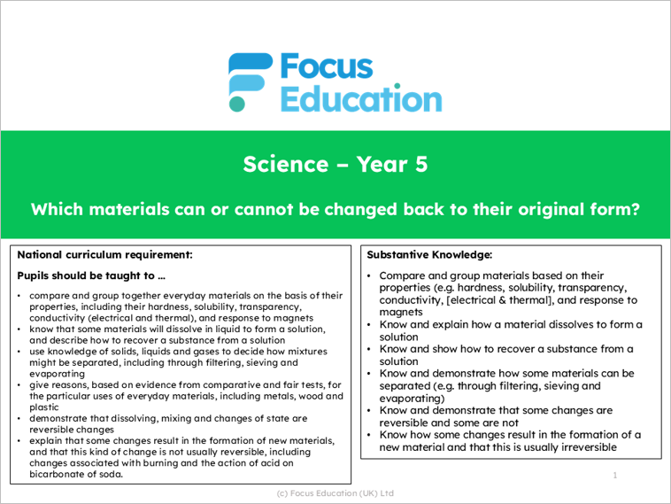 Science Y5: Which materials can or cannot be changed back to their original form?